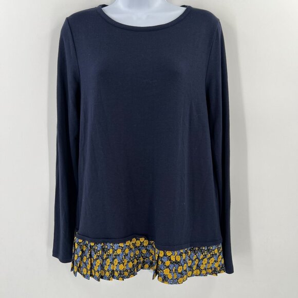 J.Crew M Mixed-Media Top Navy Knit Floral Pleated Hem Long Sleeve Sweater - Picture 1 of 8